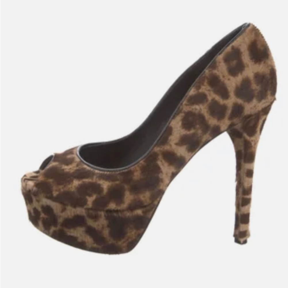 Brian Atwood brown pony hair print platforms 9